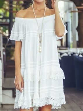 Muche et Muchette Cottagecore White Lace Trim Esmerald Midi Dress One Size